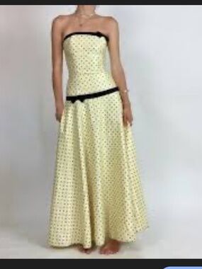 Gunne Sax Jessica McClintock Yellow Polka Dot Maxi Skirt with Black Trim size 11